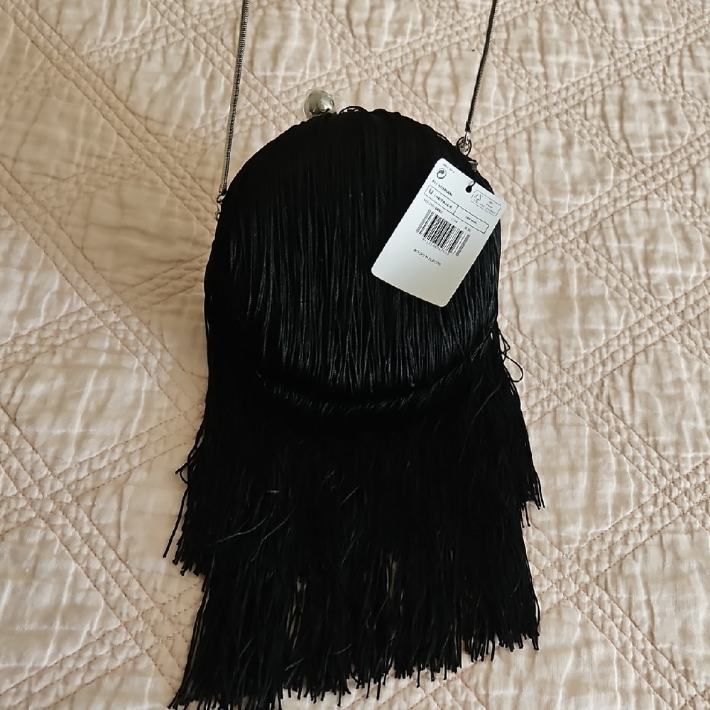 New Mango MNG Elegant Black Clutch With Fringes